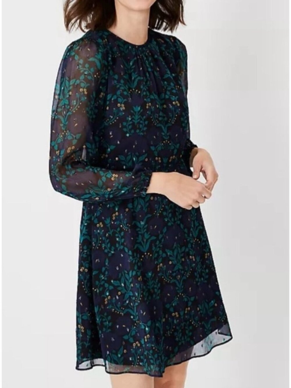 Ann Taylor Floral Metallic Long Sleeve Dress